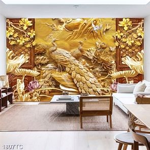 Tranh điêu khắc gỗ chim công và sen