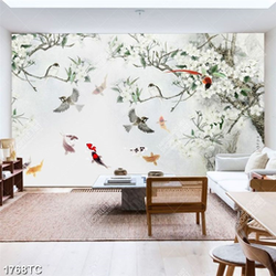 Tranh dán tường hoa, chim và cá chép