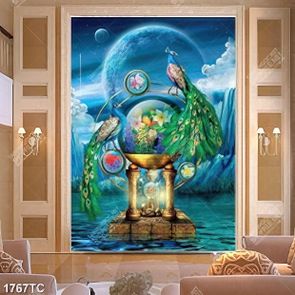 Tranh lụa đôi chim công huyền ảo