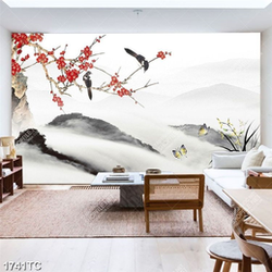 Tranh hoa đào và núi