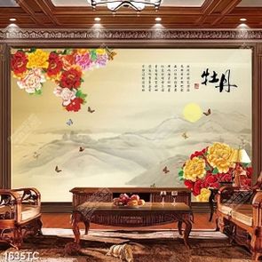 Tranh hoa mẫu đơn và chữ thư pháp