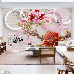 Tranh thư pháp và hoa mẫu đơn nền 3D