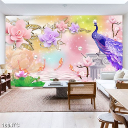 Tranh chim công, cá chép và hoa mộc lan