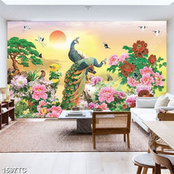 Tranh chim công và hoa mẫu đơn vào lúc hoàng hôn