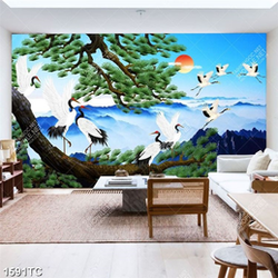 Tranh chim Hạc và cây tùng trên núi in uv