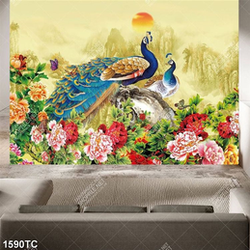 Tranh chim công và hoa mẫu đơn in kính đẹp