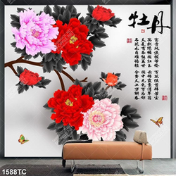 Tranh hoa mẫu đơn và chữ thư pháp