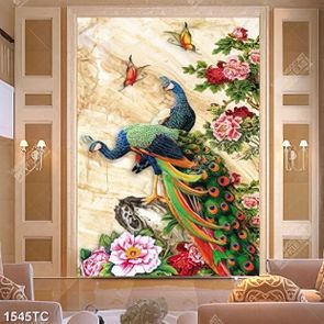 Tranh đôi chim công và hoa mẫu đơn nền đá