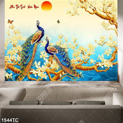 Tranh thư pháp Phu Thê Viên Mãn và đôi chim công, hoa mẫu đơn