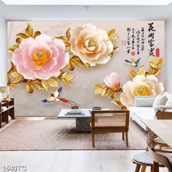 Tranh 3D hoa mẫu đơn thư pháp đẹp