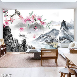 Tranh hoa đào và núi