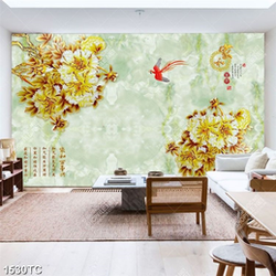 Tranh hoa mẫu đơn vàng và chữ thư pháp