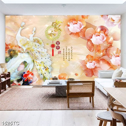 Tranh chim công thư pháp nền giả ngọc đẹp