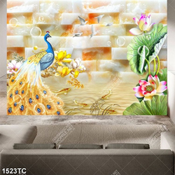 Tranh chim công nền gải ngọc hoa Sen