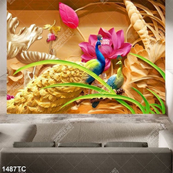 Tranh chim công và nền hoa Sen điêu khắc gỗ