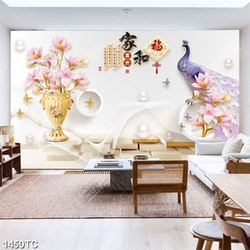 Tranh 3D bình hoa và chim công