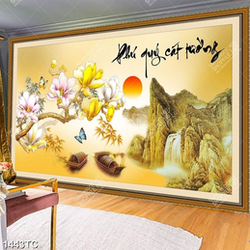 Tranh hoa mộc lan và thư pháp Phú Quý Cát Tường