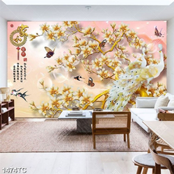 Tranh đôi chim công và hoa mộc lan nền giả ngọc