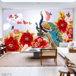 Tranh thư pháp Phu Thê Viên Mãn và đôi chim công