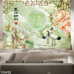 Tranh giả ngọc hoa mẫu đơn và chim Hạc giả ngọc đẹp