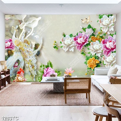 Tranh giả ngọc chim công và hoa mẫu đơn