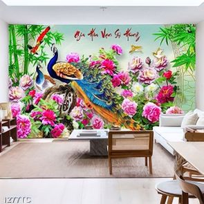 Tranh chim công và thư pháp Gia Hòa Vạn Sự Hưng