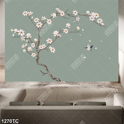 Tranh hoa mộc lan và chim nền xanh