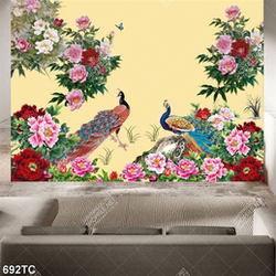 Tranh chim công và hoa mẫu đơn file psd