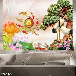 Tranh cá chép koi và chim Hạc