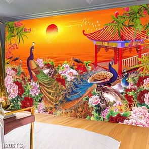 Tranh chim công và hoa mẫu đơn file psd