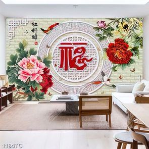 Tranh thư pháp hoa mẫu đơn in gạch đẹp