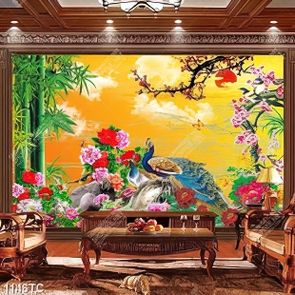 Tranh chim công và hoa mẫu đơn