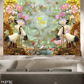 Tranh thư pháp chữ Tâm và chim Hạc nền giả ngọc