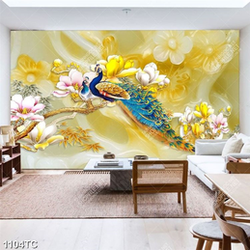 Tranh chim công và hoa mẫu đơn nền giả ngọc