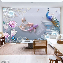 Tranh lụa 3D chim công và cá
