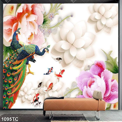 Tranh 3D chim công và hoa mẫu đơn