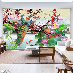 Tranh hoa đào và chim công đẹp