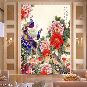 Tranh hoa mẫu đơn và chim công