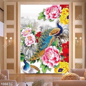 Tranh hoa mẫu đơn và chim công in uv