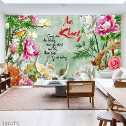 Tranh thư pháp an khang và hoa mẫu đơn chim công