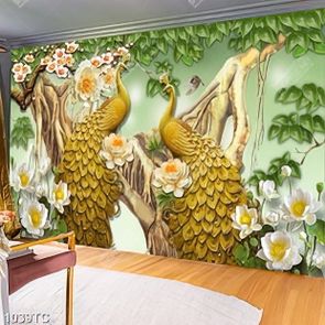 Tranh chim Công vàng và hoa Sen