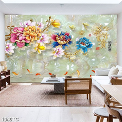 Tranh hoa mẫu đơn và cá chép nền giả ngọc