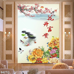 Tranh thư pháp hoa đào và hoa mẫu đơn