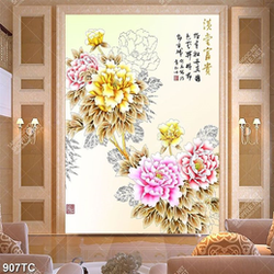 Tranh hoa mẫu đơn thư pháp in dán tường đẹp