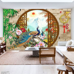 Tranh 3D chim công thư pháp