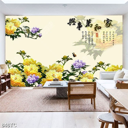 Tranh hoa mẫu đơn vàng thư pháp đẹp