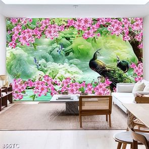 Tranh chim công và hoa đào mùa xuân nền giả ngọc