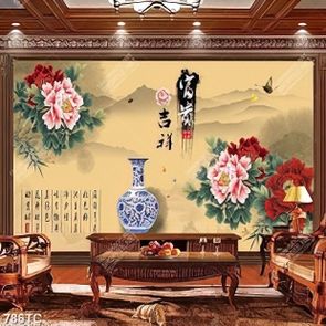 Tranh thư pháp hoa mẫu đơn và bình cổ