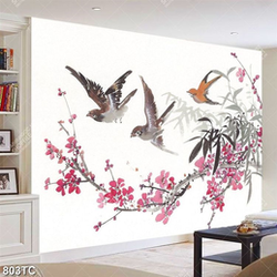 Tranh màu nước chim và hoa đào