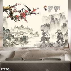 Tranh thủy mặc chim én và hoa đào